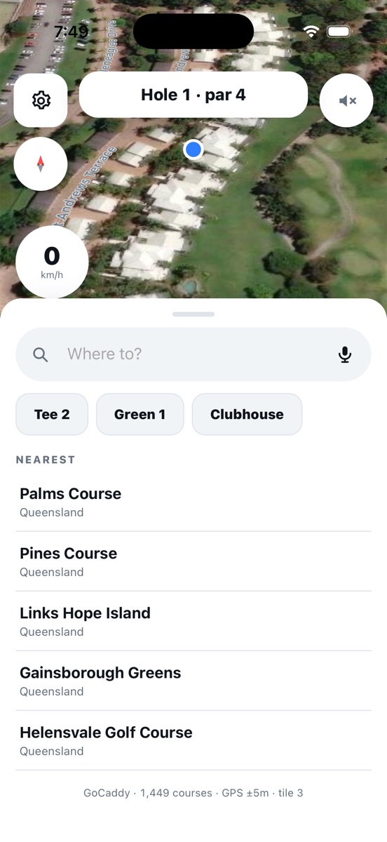 GoCaddy showing the current hole over satellite imagery with a search sheet open
