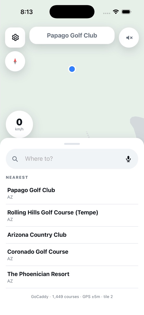 GoCaddy listing nearby courses after detecting the golfer's position